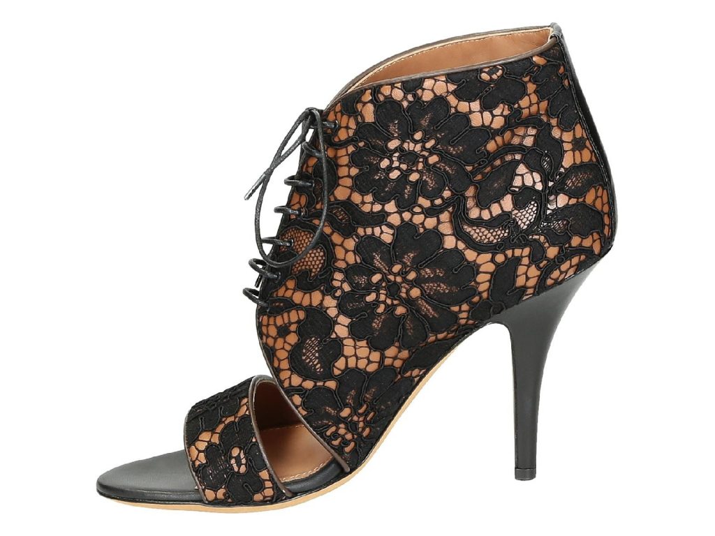 Particolare di scarpa da donna adornata con pizzo nero su base di pelle