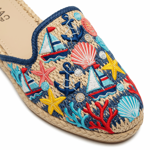 Esempio ricamo realizzato su rafia scarpe portofino