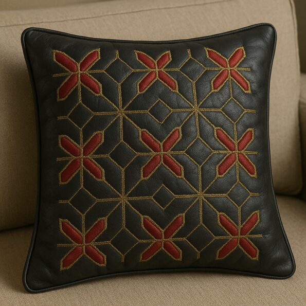 Cuscino in pelle con ricami geometrici oro e rosso