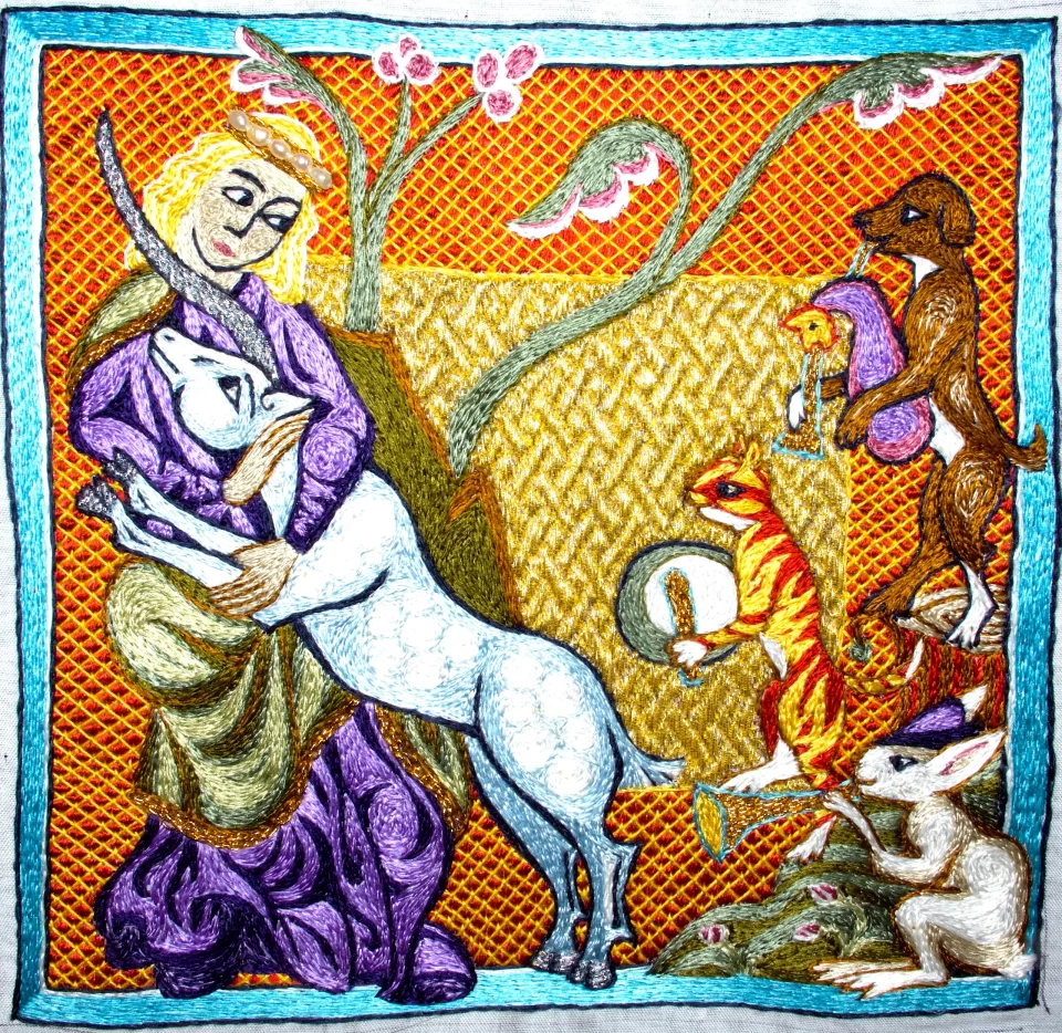 Donna con unicorno - ricamo medievale fatto a mano
