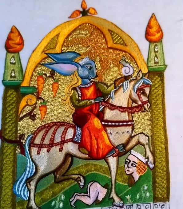 Coniglio su cavallo ricamo medievale