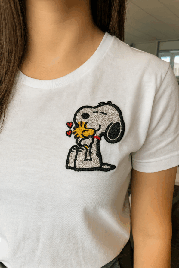 foto ricamo ricreato da tatuaggio su tshirt donna bianca